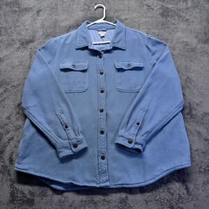 LL Bean Womens Ribbed Knit Button Down Shirt 1X Blue Shacket 100% Cotton 517235